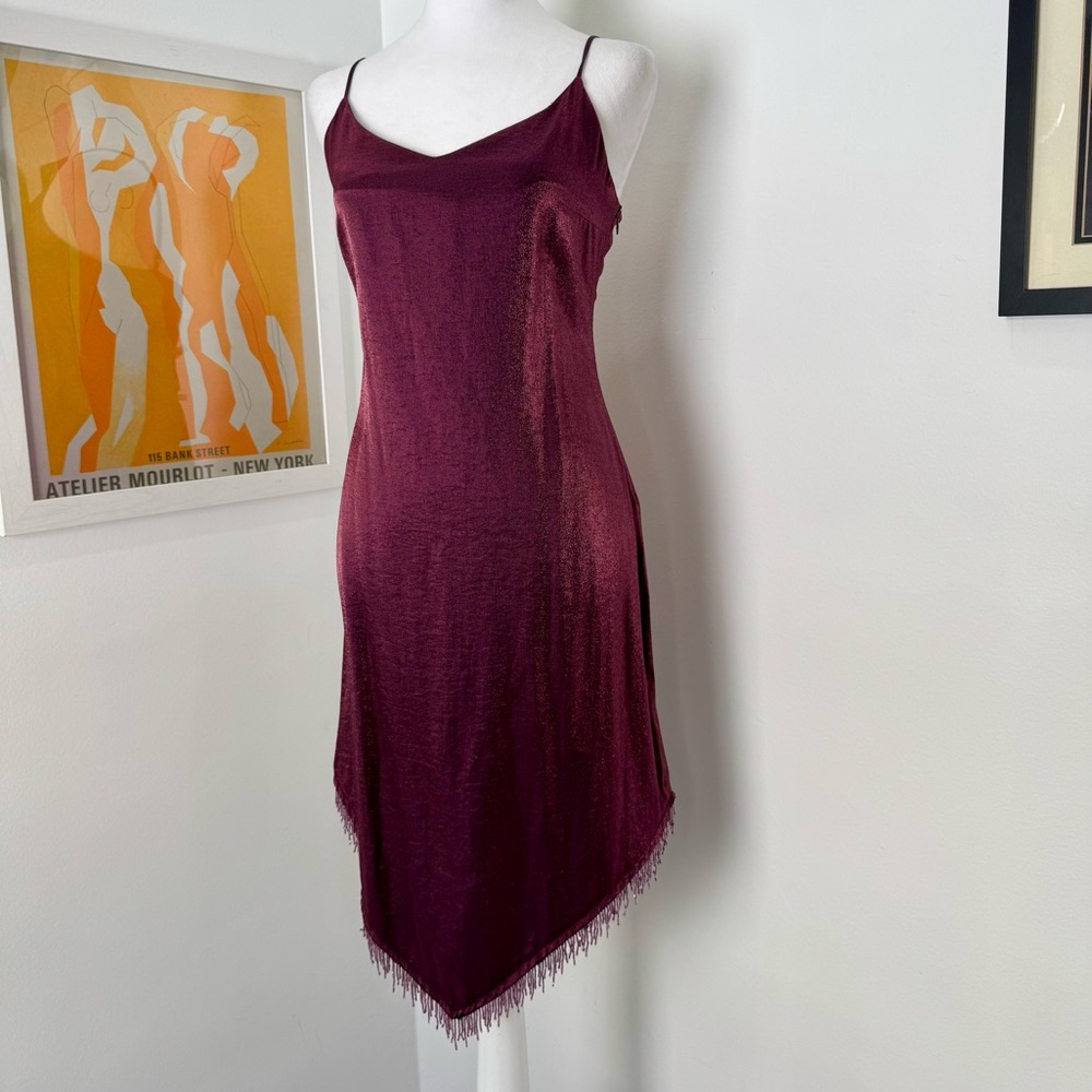 Kookai Burgundy Satin Slip Dress Beaded Hem Asymmetrical Size 38